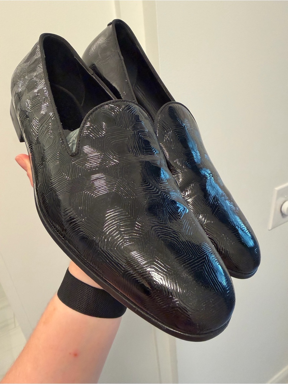 Giorgio Armani Black Patent Textured Slip-On Loafers